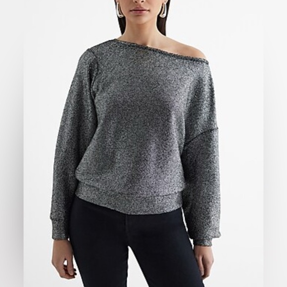 EXPRESS Relaxed Shine Off The Shoulder
Fleece Sweatshirt - Picture 1 of 6